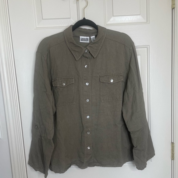 Vintage CHICOS DESIGN olive green linen peal button down shirt size 3 | XL - Picture 1 of 11